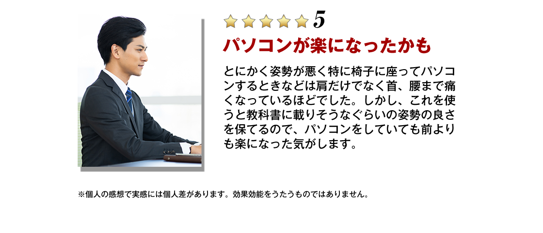 教科書に載りそうなぐらいの姿勢の良さを保てるので、パソコンをしていても前よりも楽になった気がします。